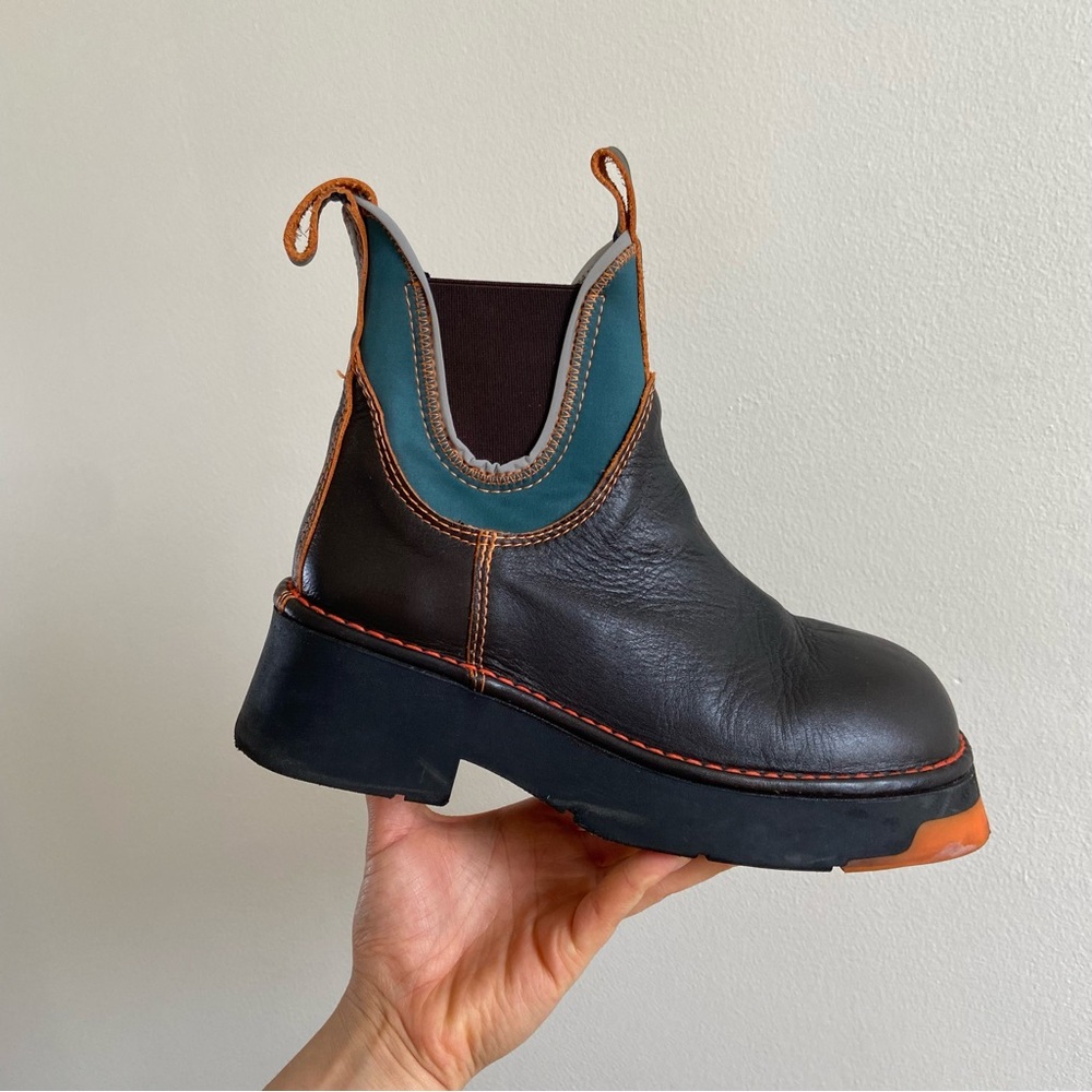 Miista Black Leather Chelsea Boot with Teal Elastic and Orange Accent